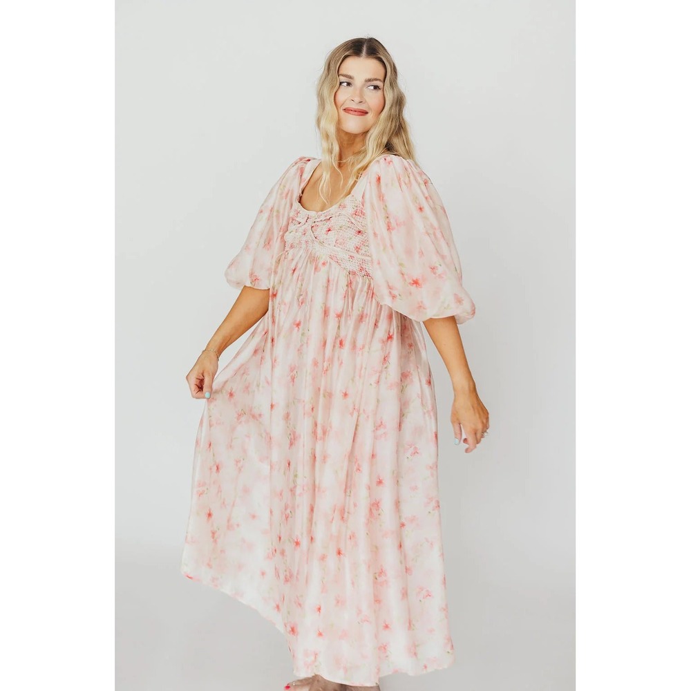 Pink Floral Maxi Dress with Puff Sleeves